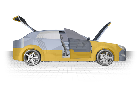 En illustration som visar en bil med öppna dörrar, bagagelucka och motorhuv, sedd från sidan.