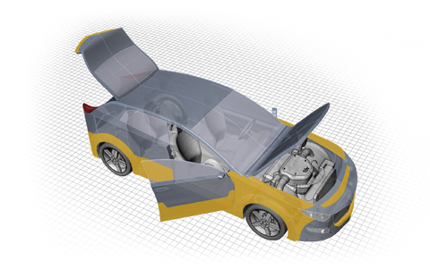 En illustration som visar en bil med öppna dörrar, bagagelucka och motorhuv – sedd från ovan.