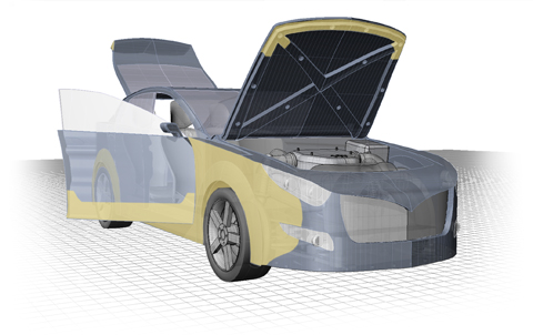 En illustration som visar en bil med öppen motorhuv, bagagelucka och dörrar.