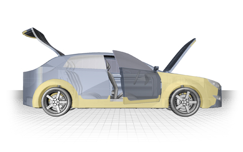 En illustration som visar en bil med öppna dörrar, bagagelucka och motorhuv, sedd från sidan.