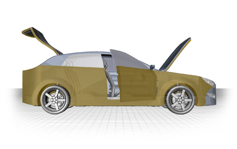 En illustration som visar en bil med öppna dörrar, bagagelucka och motorhuv – sedd från sidan.