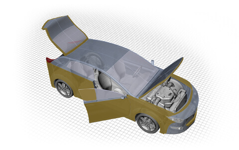 En illustration som visar en bil med öppna dörrar, bagagelucka och motorhuv – sedd från ovan.